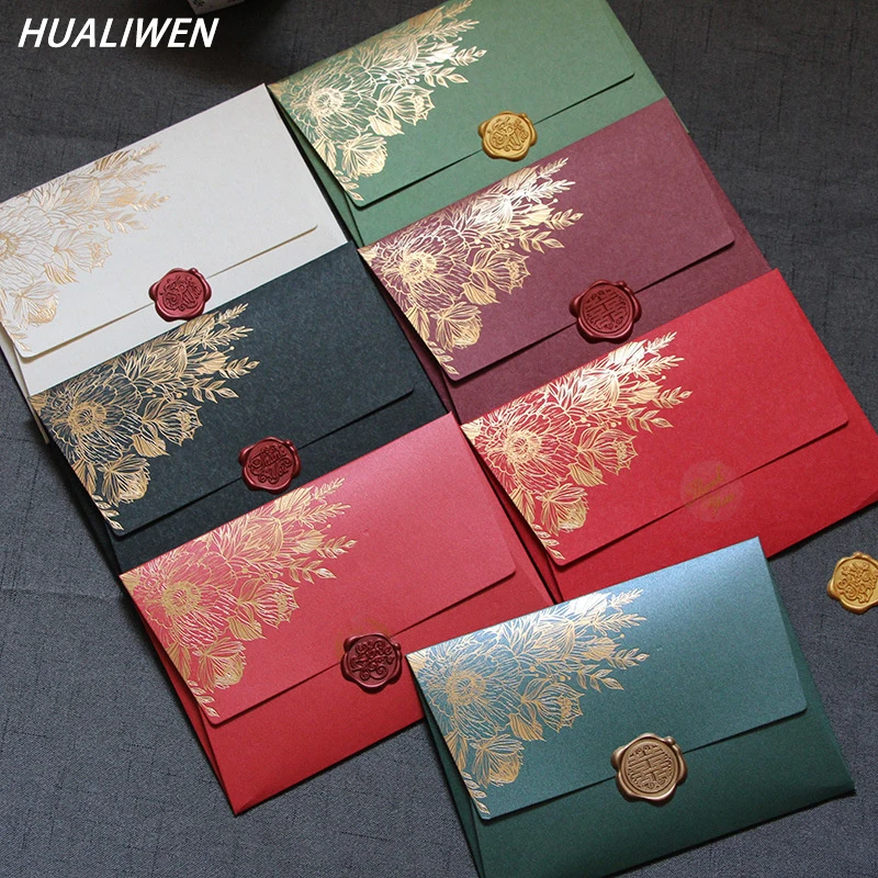 Wax Seal Letter Kit - 10 ピース/パケットハイグレードパール紙封筒結婚式招待状ヨーロッパブロンズパターン封筒ギフト封筒