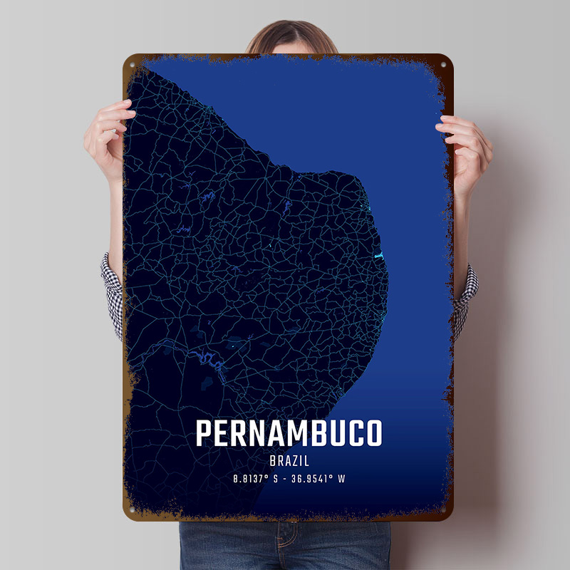 Custom Map Poster - ペルナンブコ ミッドナイトシティマップ メタルポスター カスタマイズされたウォールアート レトロヴィンテージブリキ看板 男の隠れ家
