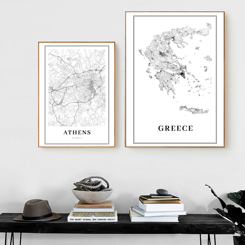Custom Star Map - ギリシャ道路地図ポスター黒と白のプリント、アテネ市地図のキャンバスの絵画旅行ポスター壁アート写真オフィス装飾