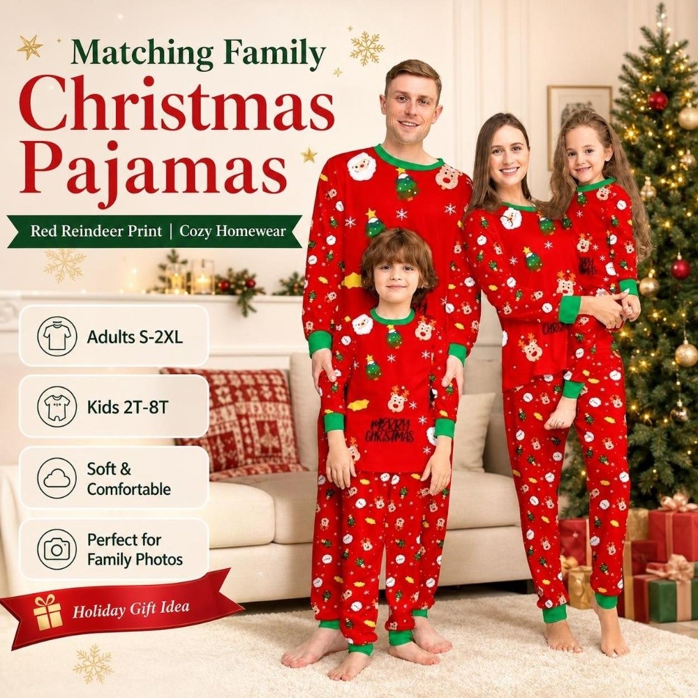 Family Tree Print - 長袖クリスマスパジャマセット プリントクリスマスツリー柄 カップルクリスマス衣装 ツーピースセット サンタクロース ファミリーマッチングパジャマ