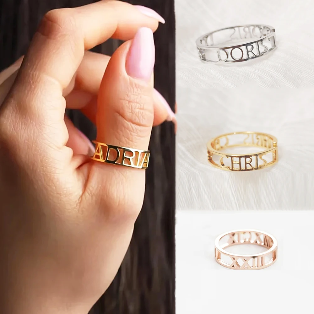 Initial Ring Custom - パーソナライズされたカスタム文字名オープンリング中空ステンレス鋼調節可能な結婚指輪女性ジュエリーバレンタインデーのギフト