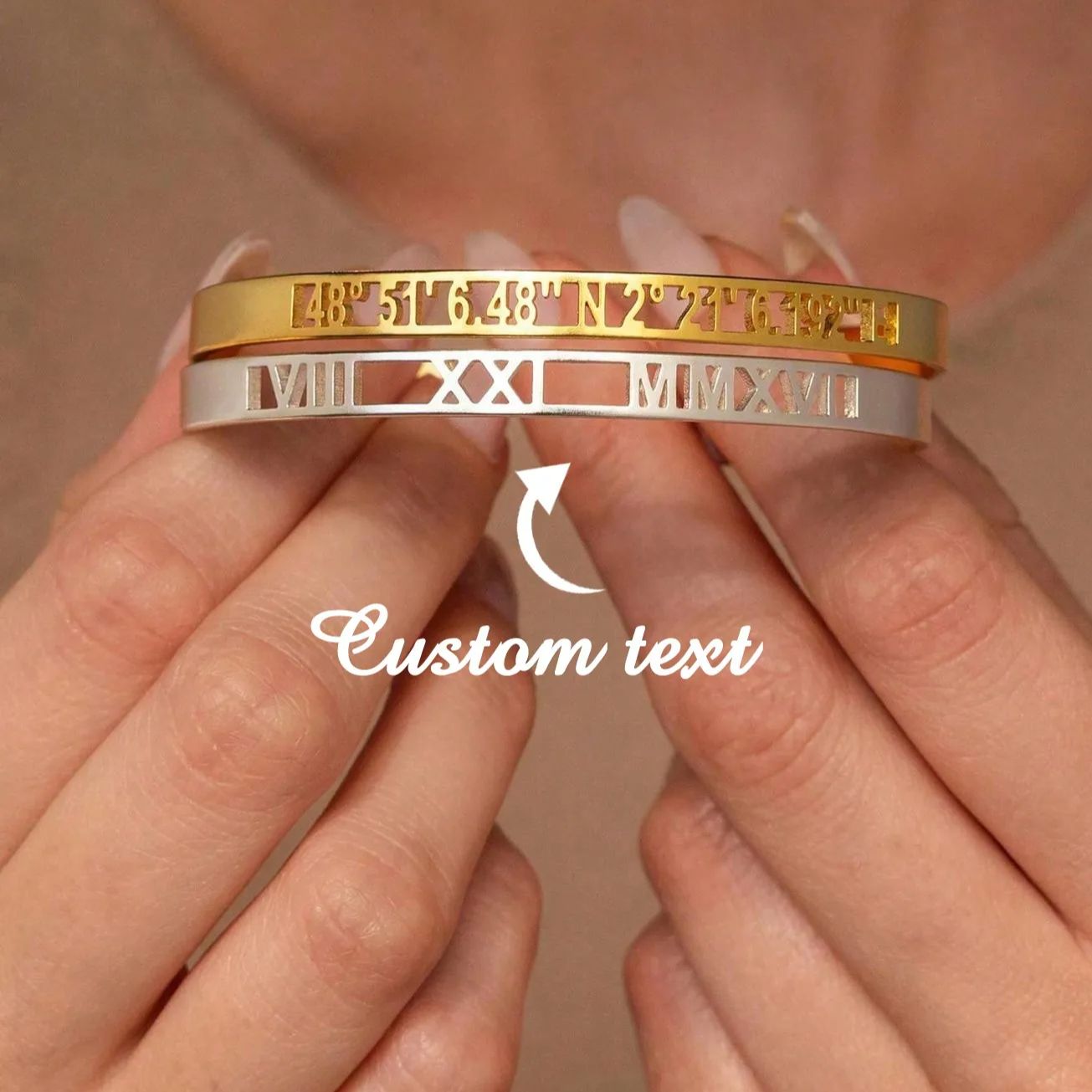 Coordinates Bracelet - 女性のためのローマ数字のステンレス鋼のカフブレスレット,ゴールドカラー,カスタム日付,座標,記念日,ウェディングジュエリー,ギフト