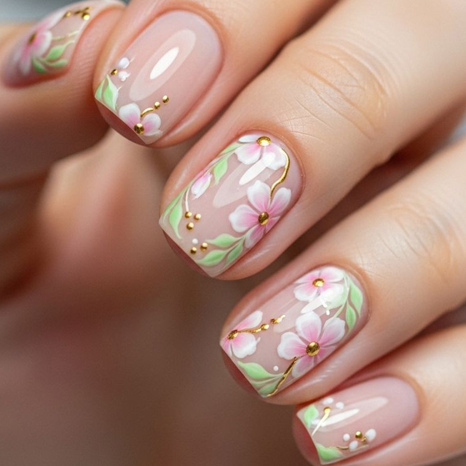 24枚入り 生花柄プレスオンネイルチップ 春夏 スクエア型  - Pressed Flower Art のレビューと価格