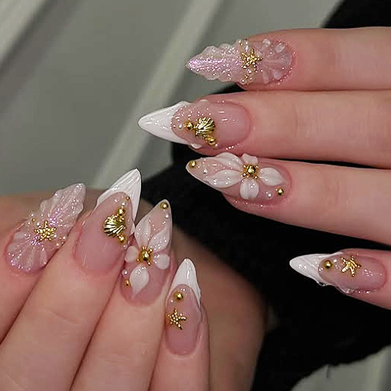 24枚入り完成品アーモンド型プレスオンネイルアート、再利用可 - Pressed Flower Art のレビューと価格