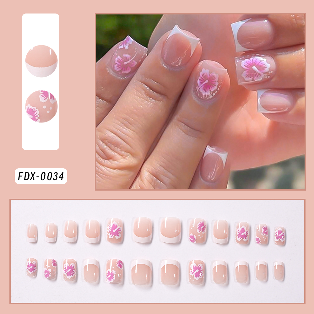 24 個フレンチフラワー付け爪ピンクハイビスカスデザインフル - Pressed Flower Art のレビューと価格